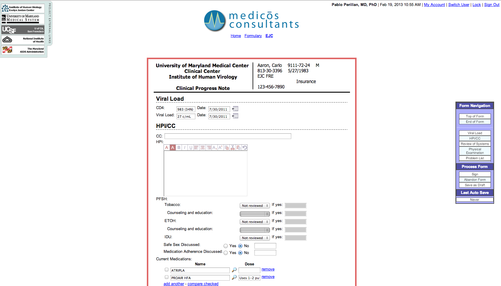 Medicos Consultants Clinical Application Server Screen Capture