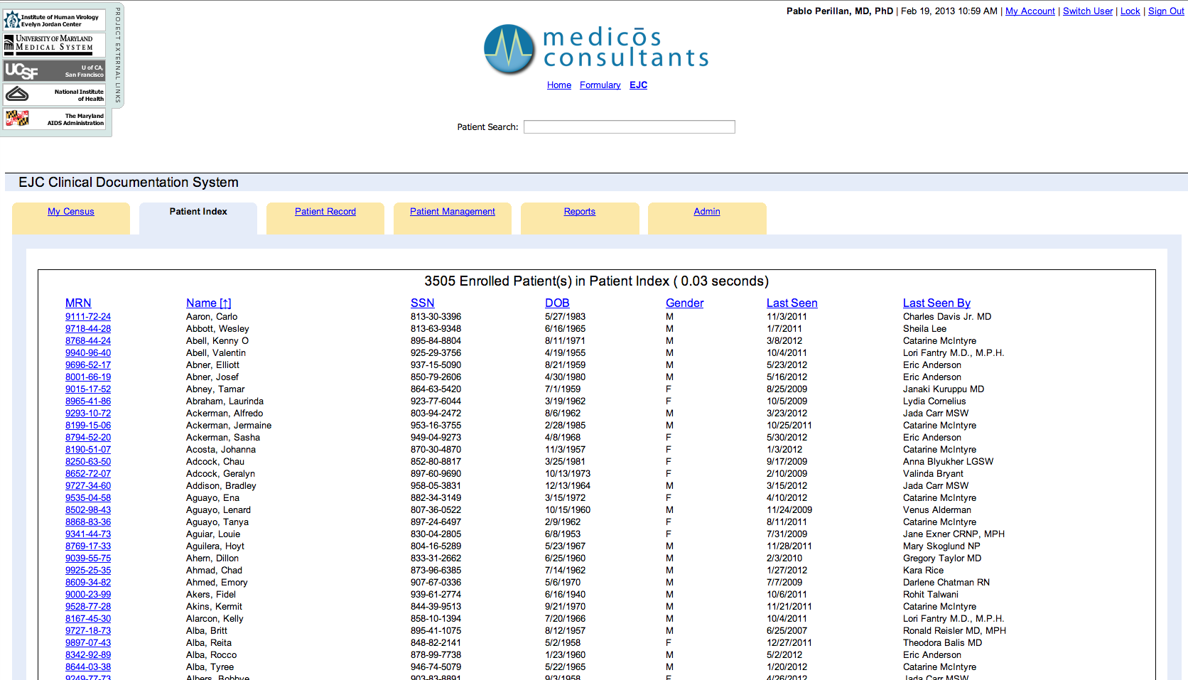 Medicos Consultants Clinical Application Server Screen Capture