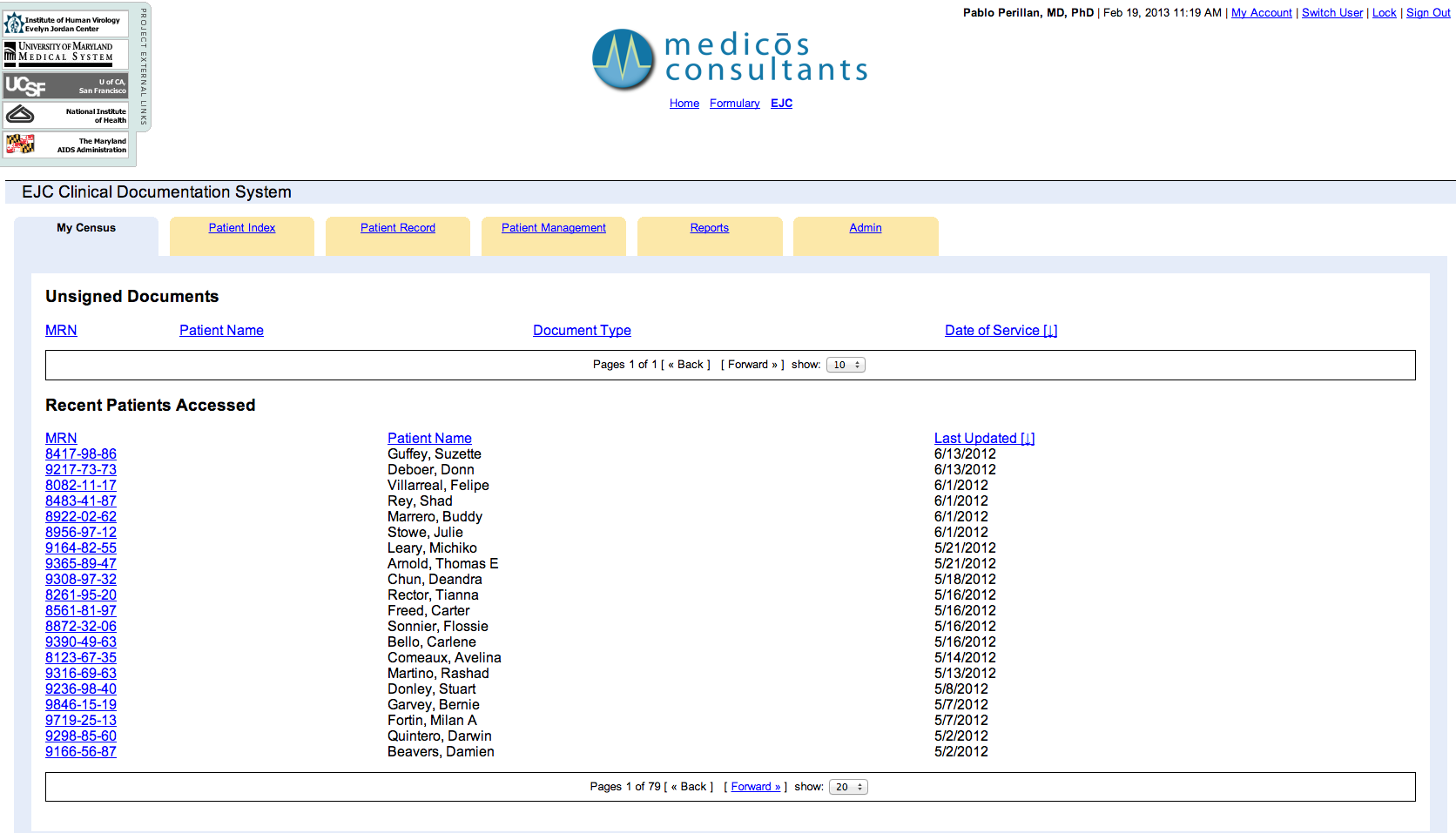 Medicos Consultants Clinical Application Server Screen Capture